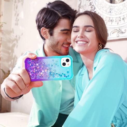 Ruky Glitter Liquid Full Body Case for iPhone 13 & 14, 6.1”, Teal Purple, Rugged, Shockproof, Built-in Screen Protector.