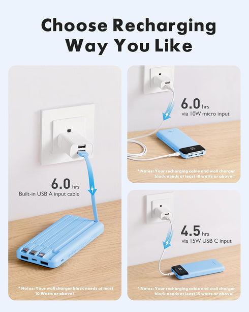 Portable Charger with Built-in Cables, 10000mAh Slim Travel Battery Pack, 6 Outputs, 3 Inputs, 3A Fast Charging for