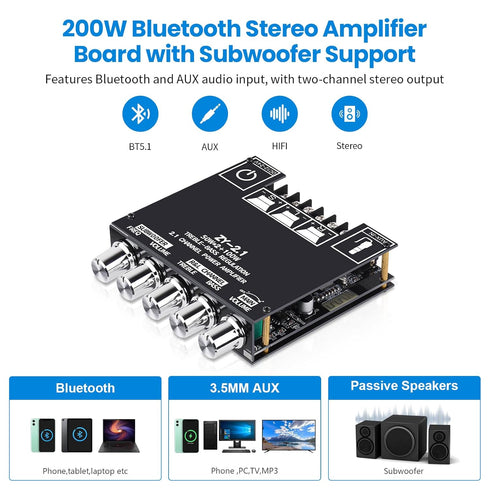 ZY-2.1 2.1CH 50W 2 +100W 5.1 Bluetooth Audio Amplifier Board, x Subwoofer Power Amp with Treble and Bass Control