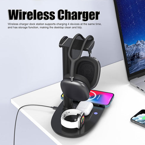 Headphone Stand with Wireless Charger, 4 in 1 Desk Gaming Holder Rack with Fast QI, Detachable Wireless Charging Pad