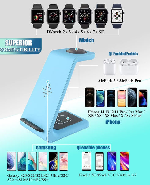 Wireless Charging Station, 3 in 1 Fast Charger Stand Dock for iPhone 15/15 Plus/15 Pro Max/14/13/13 Pro/12/11/XR/XS