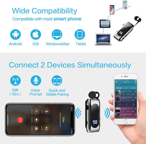 Retractable Wireless Headset, Stereo Earphone V5.0 Noise Cancelling Mic, Comfortable Hands-Free Headset for Sports and