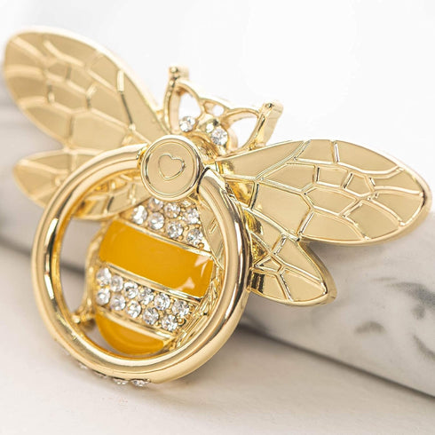Allengel Stylish Phone Ring Grip Holder Stand, Bee Finger Holder Kickstand for iPhone & Android, Gold & Crystal