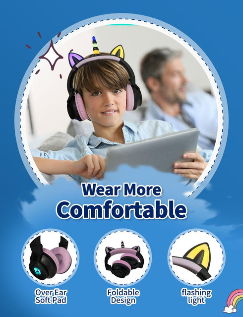 Unicorn Bluetooth Headphones for Girls, Foldable Light Up Kids Wireless Headphones for Toddlers, Birthday Gifts (Black)