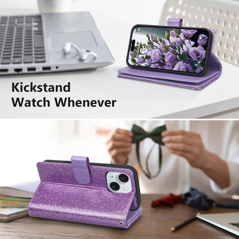 Varikke Detachable Wallet Case for iPhone 13, Glitter PU Leather with Card Holder, Magnetic Flip Cover (Light Purple)
