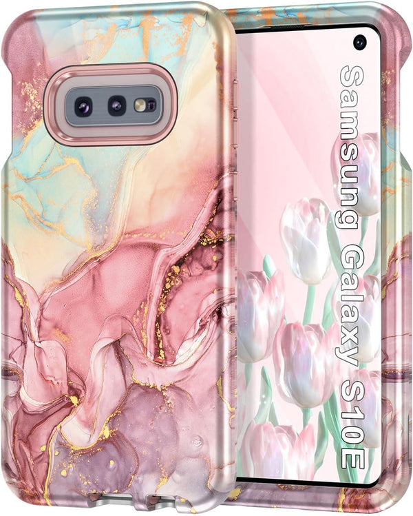 Btscase Rose Gold Case for Samsung Galaxy S10e, Heavy Duty Three Layer Marble Shockproof Full Body Rugged Cover