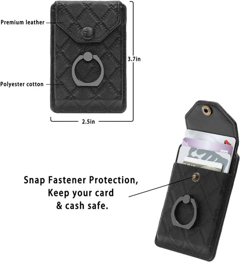 Black Cell Phone Card Holder - RFID Ring Stand Stick on Wallet for All Smartphones, Adhesive Credit Card Holder