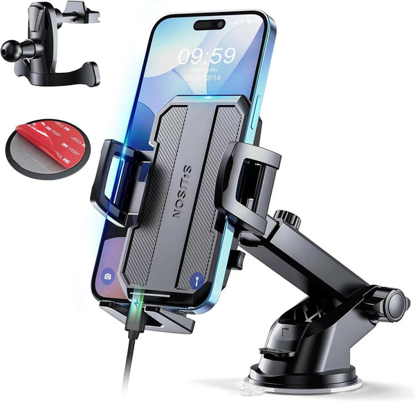 Upgraded 3-in-1 Car Phone Holder Mount, Powerful Suction for Dashboard, Air Vent, Windshield, for All Phones