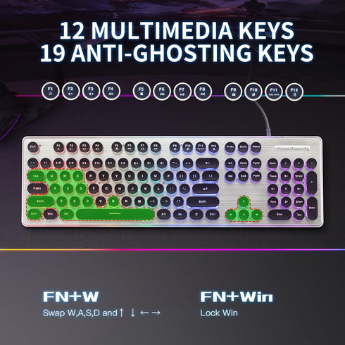 Typewriter Style Gaming Keyboard with Metal Panel, Rainbow LED Backlit, Round Keys, Light Up USB Wired Retro 104 Keys