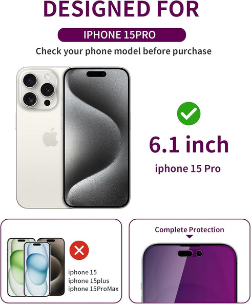 2 Pack Privacy Screen Protector for iPhone 15 Pro, Tempered Glass for 15Pro 6.1inch, Anti-Spy Protection
