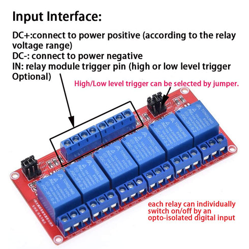 Relay Module with Optocoupler - High/Low Level Trigger for Arduino (5V Relay, 6 Channel)
