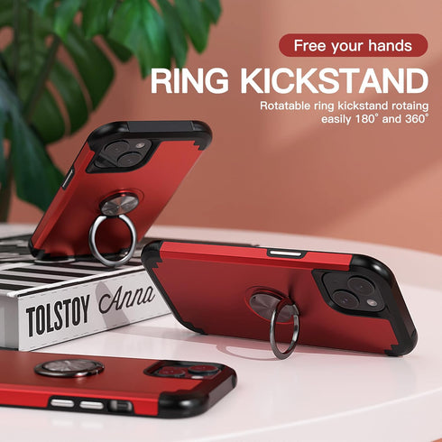 IDweel iPhone 15 Plus Case: 2-in-1 Shockproof Cover with Screen Protector, 360° Ring Holder, Camera Lens Protector, Red.