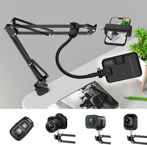 Overhead Phone Mount with 60 LED Light: Portable Selfie Light and Phone Holder for Desk, Camera Mount Arm Stand for