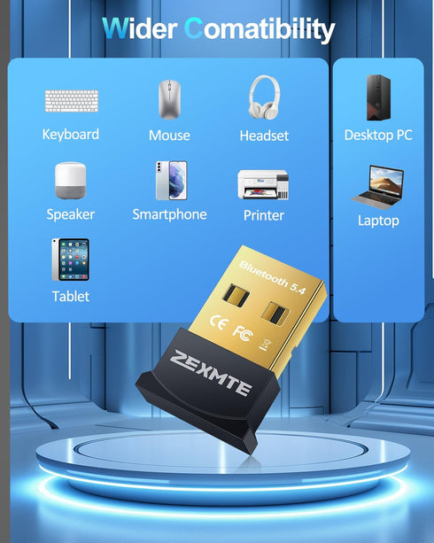 ZEXMTE USB Bluetooth Adapter for PC, 5.4 Bluetooth Dongle, Long Range Transmitter & Receiver for Desktop and Laptop