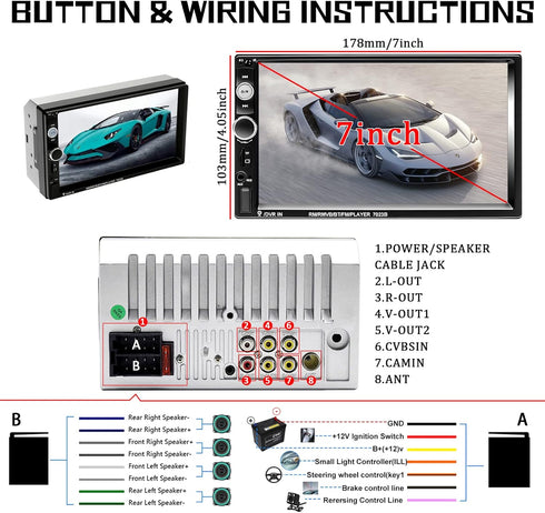 Double Din Car Stereo, 7" Touch Screen 2 Din Car Radio with Bluetooth FM, MP5 Player with USB/SD/AUX Input