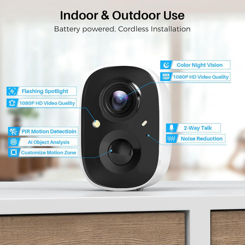 Wireless Outdoor Security Cameras, Battery Powered, AI Motion Detection, 2K Color Night Vision, 2-Way Talk
