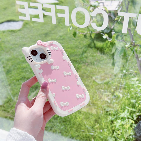 AUCAN Cute Silicone Case for iPhone 15 6.1", Pink Kawaii Soft Funny Shockproof Classic Cat Bow Cover for Girls Women