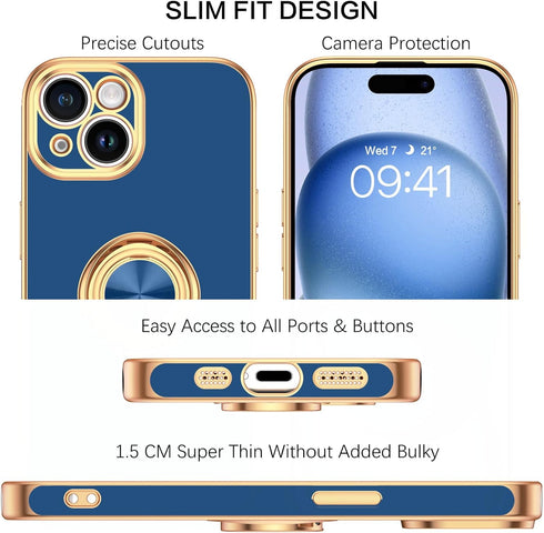 BENTOBEN Compatible with iPhone 15 Case, Phone Case iPhone 15, Slim Fit 360° Ring Holder Shockproof Kickstand Magnetic Car Mount Supported Non-Slip Protective Women Girls Men Boys Cover, Navy Blue
