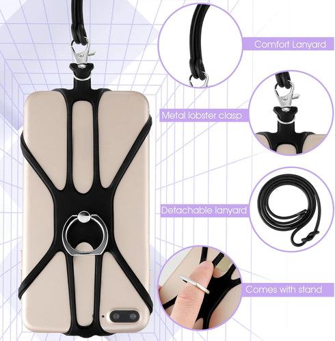Universal Phone Lanyard, Cell Phone Lanyard Neck Strap 2 in-1 Phone Strap with Finger Ring Holder Compatible with Most Smartphones (Black)
