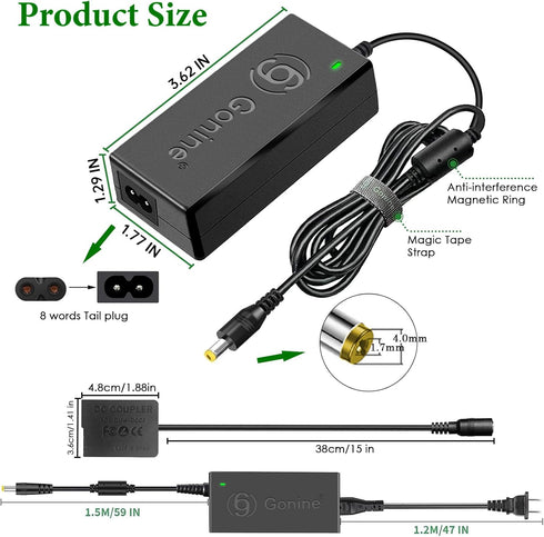 Gonine DMW-DCC8 DMW-AC8 Camera AC Power Supply Adapter Dummy Battery Charger Kit for Panasonic DMC-FZ200, GX8, G85
