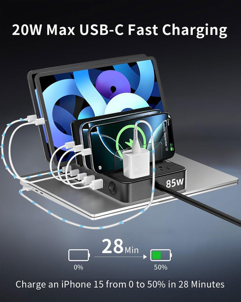 UREWDTR 85W Devices,7 2 2 3 Charging Station for Multiple Port USB Charger Stations with AC, USB C, USB A,Family