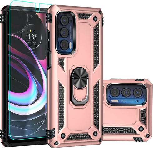 Moto Edge 2021 Case with Screen Protector, Military Grade 16ft Drop Tested Cover with Magnetic Kickstand, Rose Gold