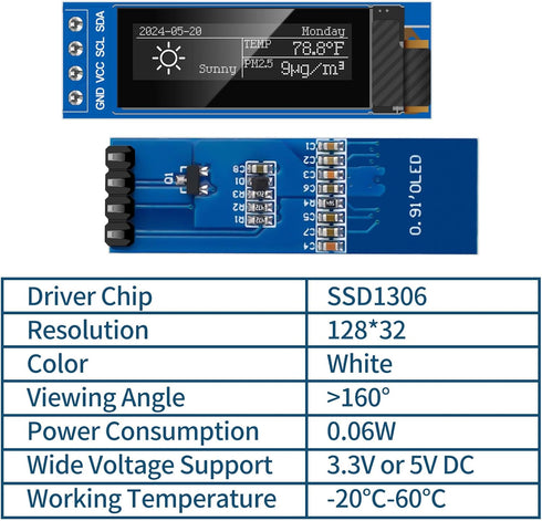 MakerFocus 5pcs 0.91 Inch I2C 128 32 SSD1306 Pi/ESP32 IIC OLED Display Module x Pixel Driver Self-Luminous Display