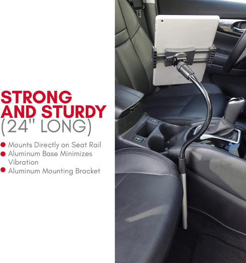Macally Car Seat Rail Mount, Adjustable Gooseneck Tablet and Phone Holder for Vehicles