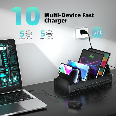 zobirez 420W 10-Port Charging Station for Multiple Devices, USB C Fast Charger Stations for MacBook, iPhone, Android