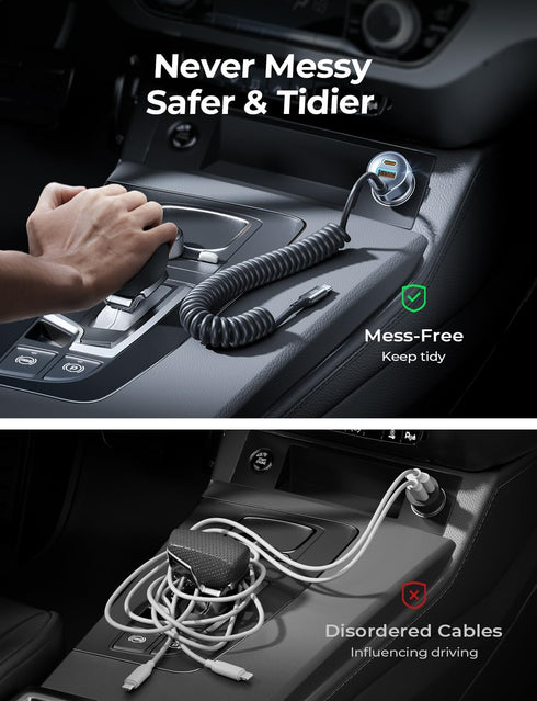 LISEN 65W USB C Car Charger Adapter, Fast Charging 5Ft 30W USB C Coiled Cable for iPhone 15, PD & QC3.0 Car Charger for