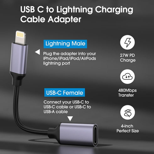 TechMatte USB C to Lightning Cable Adapter, 4 inch 27W PD Fast Charging Compatible with iPhone/iPad/iPod/AirPods, 1 Pack