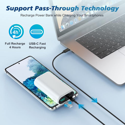 Small Portable Charger 10800mAh with Built-in USB-C Cable, Mini PD 3A Fast Charging Power Bank, LCD Display for Samsung