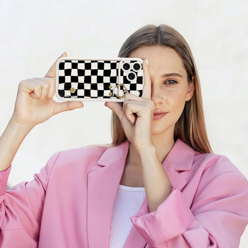 Jefonha 17 Compatible with Phone Pro Max Case with Finger Strap for Girls Women, Cute Checkered Checkerboard Phone Case