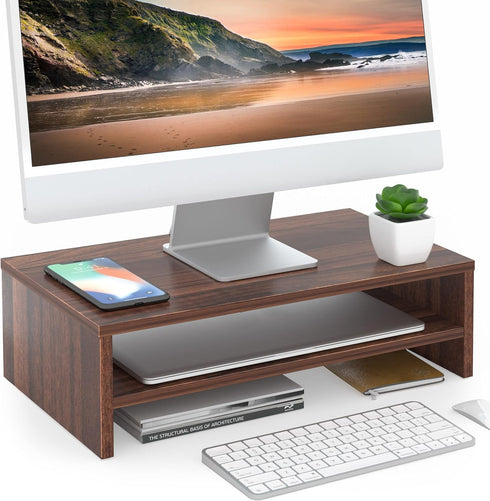 FITUEYES Monitor Stand - 2 Tier Computer Monitor Riser Shelf, Wood Desktop