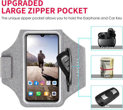 Running Armband with Earphone Bag for iPhone 16 15 Pro 14 Plus 13 11 XR XS, Galaxy S24/S10, Water Resistant Phone Holder