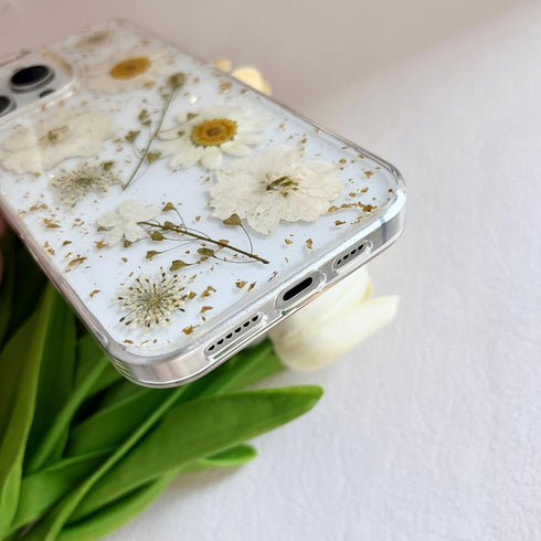 LSEEKA 16 16 for iPhone Pro Max Clear Case with Pressed Real Flowers Design,Glitter Cute White Floral Pattern Slim Soft