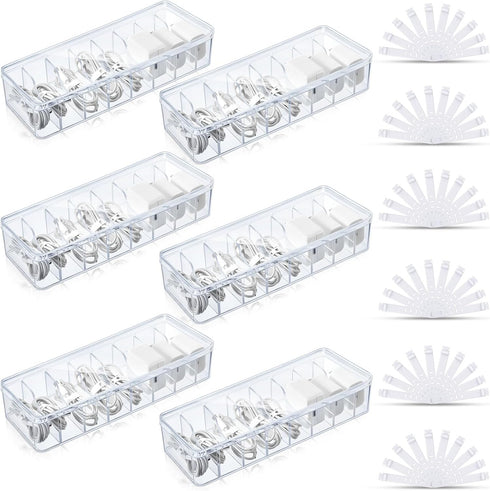 Tatuo 6 Pcs Cable Organizer Box with Wire Ties, Clear Plastic Cord Storage Box with Lid for Home Office Desk