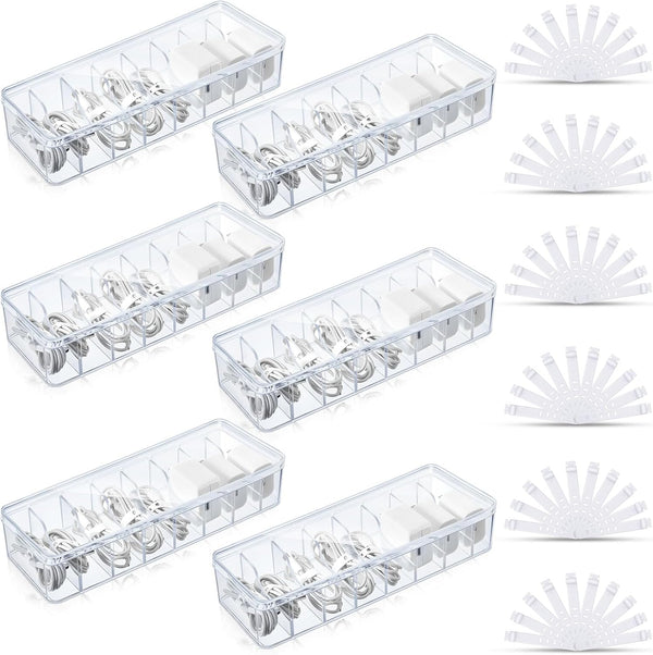 Tatuo 6 Pcs Cable Organizer Box with Wire Ties, Clear Plastic Cord Storage Box with Lid for Home Office Desk