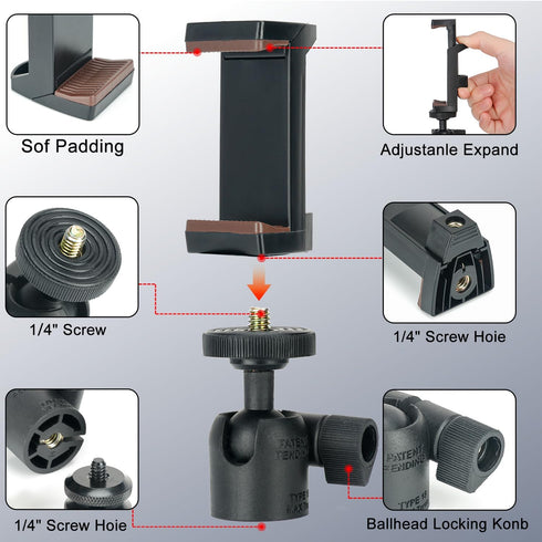 koolehaoda 1/4" 360 Cell Phone Tripod Mount Adapter with Universal Swivel Mini Ball Head, Rotates Adjustable Cell Phone