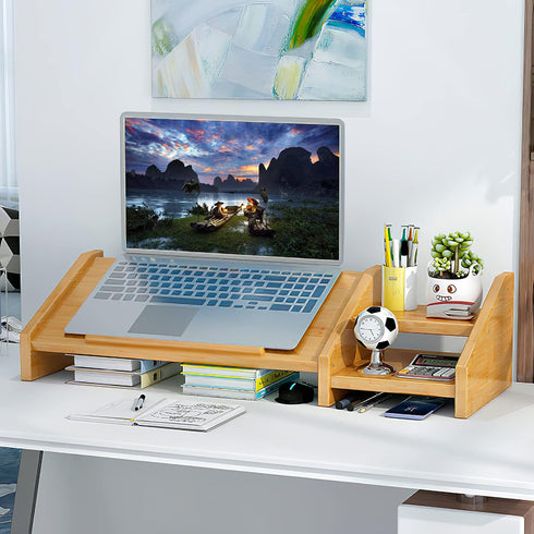 Ufine Bamboo Laptop Stand for Desk, Adjustable 3 Heights Notebook Stand with 2 Tier Storage Shelf, Home Office Organizer