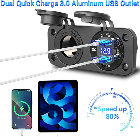 Cigarette Lighter Socket 12V Power Outlet, Qidoe Aluminum 40W Dual QC3.0 USB Charger Socket with LED Voltmeter Switch,