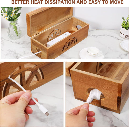Large Solid Wooden Cable Management Box, Cord Organizer for Extension Cord, Power Stripe, Wire Management Concealer