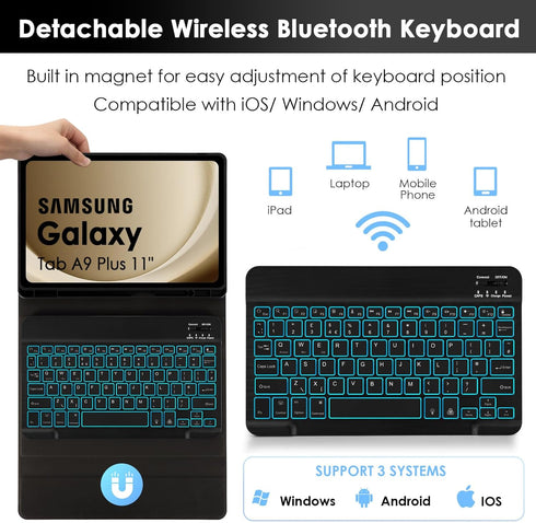 LAMA 7 Colors Backlit Keyboard Case for Samsung Galaxy Tab A9 Plus, Slim Lightweight Stand Cover with Bluetooth