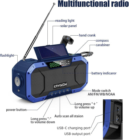 Emergency Radio Hand Crank Solar Power - Portable AM FM NOAA Weather Radio with 5000mAh Rechargeable Battery