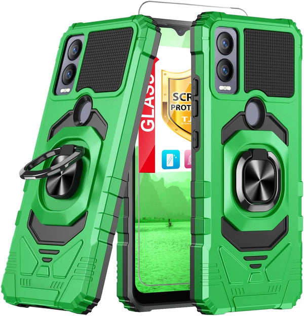 TJS Heavy Duty Drop Protection Case for Cricket Magic 5G & AT&T Propel 5G with Tempered Glass Screen Protector, Green