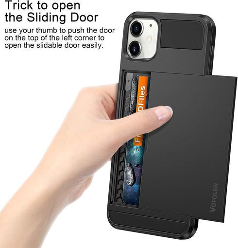 Vofolen Wallet Case for iPhone 12 5G, Black, Credit Card Holder Slot Sliding Back Pocket, Anti-Scratch Dual Layer