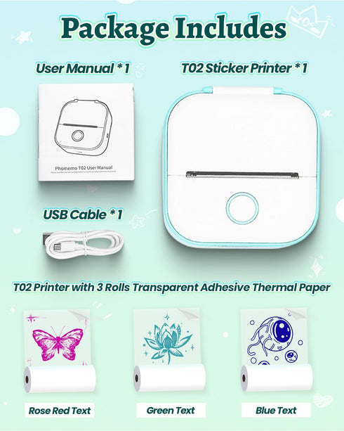 Memoqueen T02 Phomemo Mini Sticker Printer - APP AI Drawing Bluetooth Thermal Printer Sticker Maker Machine for DIY