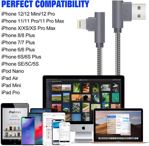 MFi Certified 10FT Lightning iPhone Charger Cord, 90 Degree Fast Data Cable, Nylon Braided, Compatible with iPhone Xs
