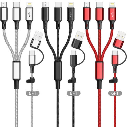 Multi Charging Cable 3Pack-6ft, Multi USB Cable Braided 6 in 1 Multiple Phone Charger Cable Universal USB A/C Charging