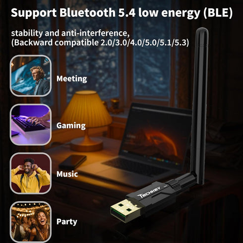 Techkey 5.4 500FT 5dBi 11/10/8.1, Headphones/Headset/Speaker/Mouse/Keyboard/Printer USB Bluetooth Adapter for Desktop